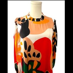 Women’s long sleeve colorful print blouse with balloon sleeves, Size Small